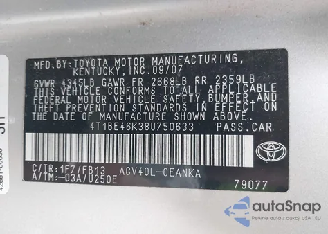 2008 Toyota Camry Ce/Le/Xle/Se from USA, damaged, VIN 4T1BE46K38U750633